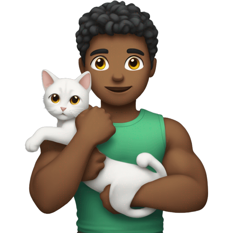 A boy with muscles holding cat emoji