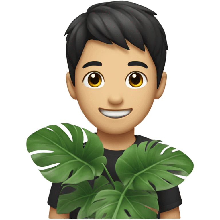 Smiling asian boy with black hair holding a monstera plant emoji