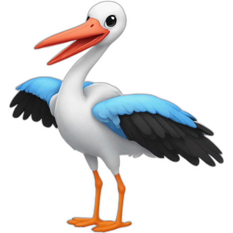  A big stork is carrying a blue bundle of cloth in its beak that has a cute white skinned baby face peeking out from it with black head emoji