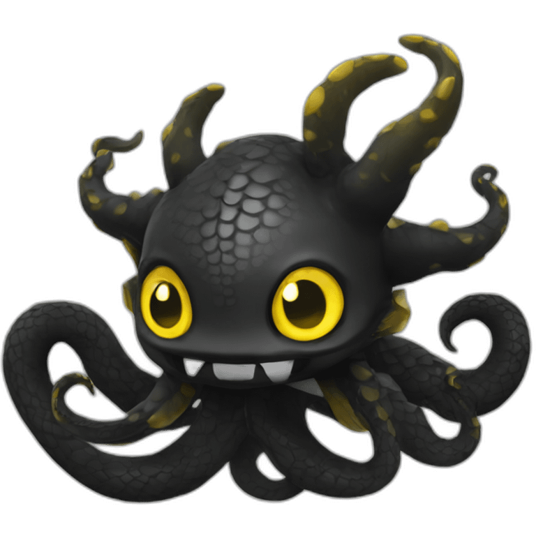 Chibi black serpent with horns and tentacles, 3 yellow eyes, dark black scales emoji