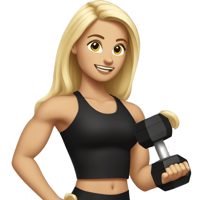 blonde woman working out with a black tank top and she is holding a dumbbell emoji