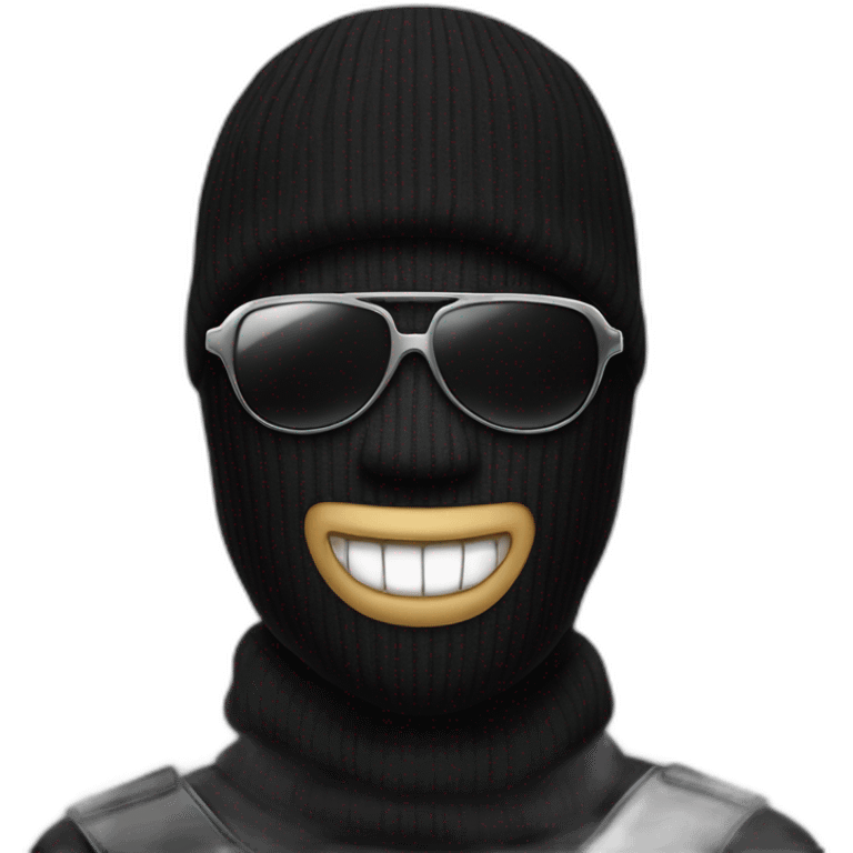 a man with a black balaclava in wooll, black sunglasses and silver grillz on teeth emoji