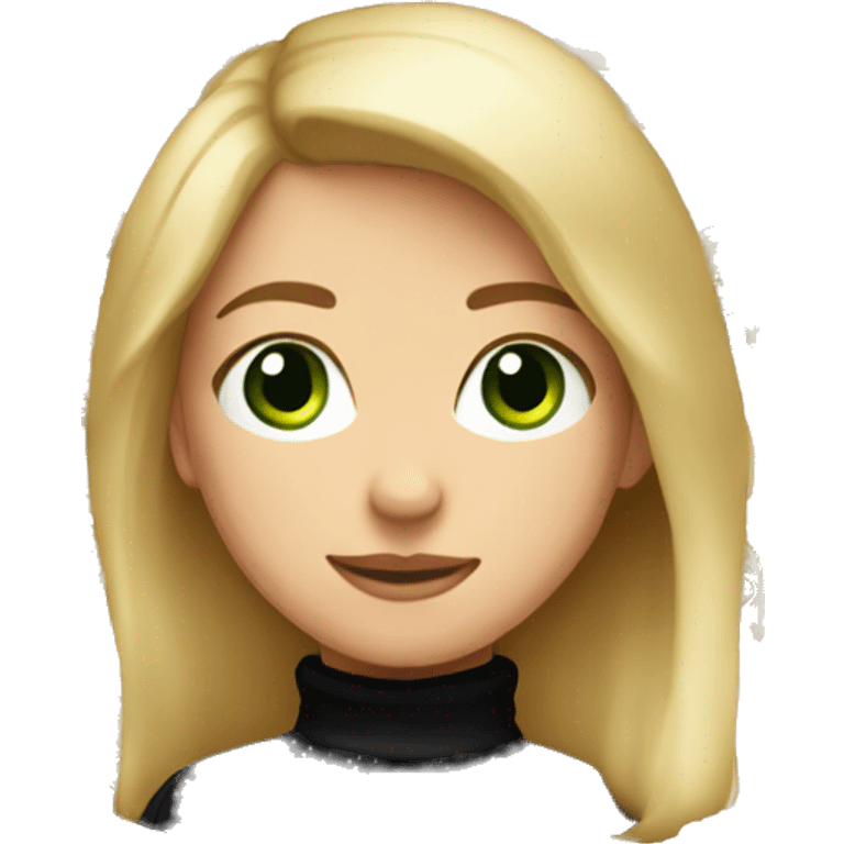 The girl is blonde with long brown hair and green eyes and is wearing a black turtleneck emoji