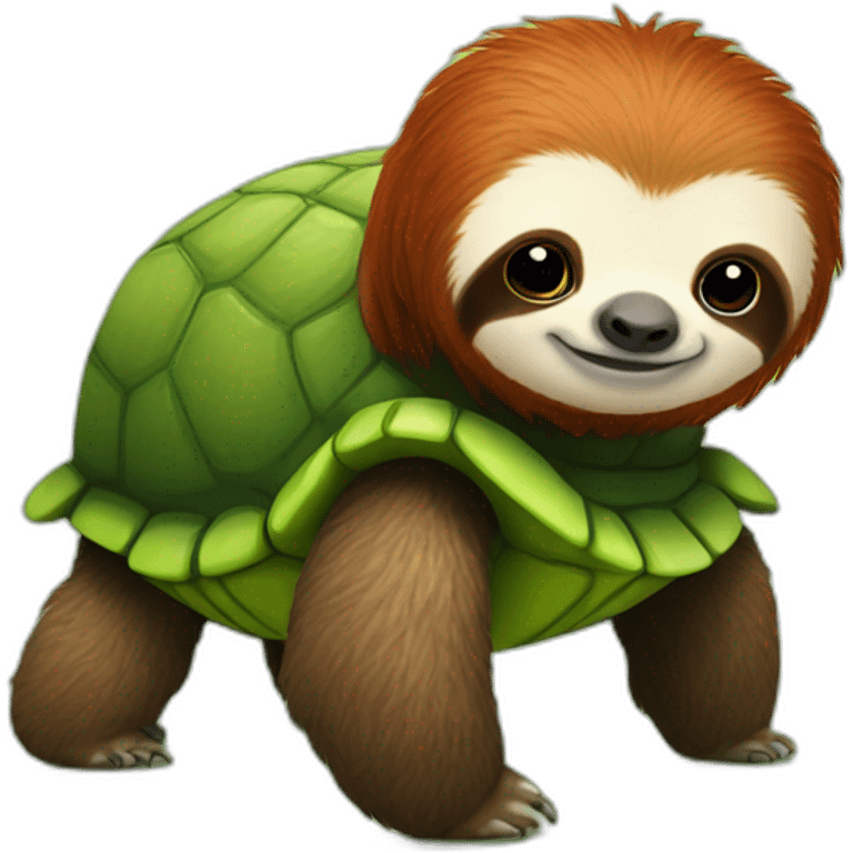 red haired sloth sitting on a green turtle who is walking  emoji