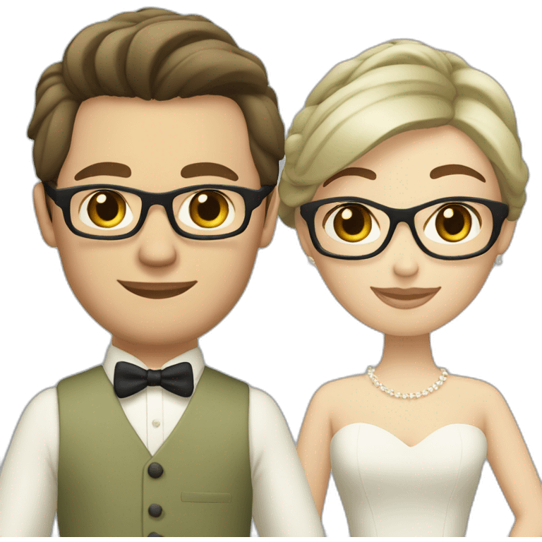 Wedding couple. She has dark Hair and a chignon. He has a light olive green suit with a brown vest. He wears glasses and is blond. Both have blue eyes emoji