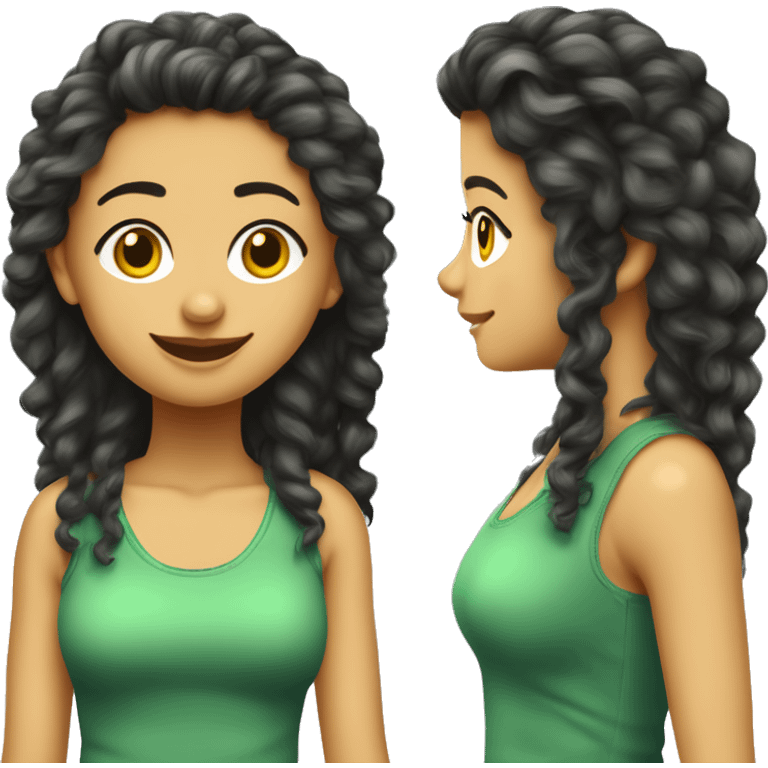 Chica morena pelo rizado largo y flequillo con ropa verde delante ordenador emoji