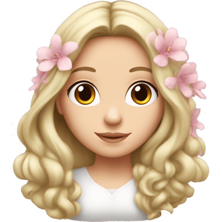 A white girl with long hair and soft pink flowers on ears emoji