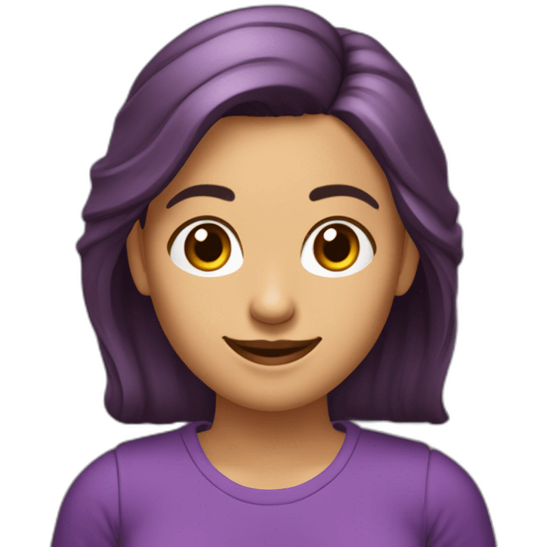 mujer con piel de color blanco con cafas camisa morada sonriente cabello corto y de color marron con un computador emoji