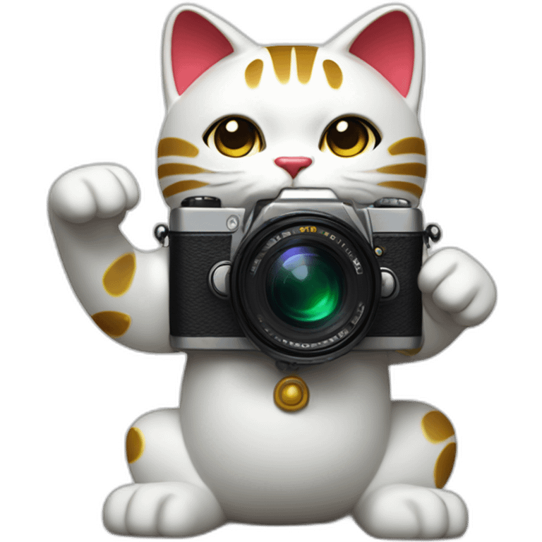 maneki neko with a camera on the ground between the legs, and the arm up emoji