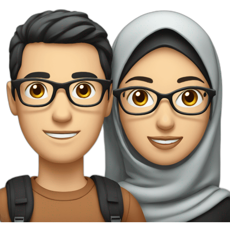 young white man with black hair and glasses and woman with hijab, both with backpack for holiday trip emoji