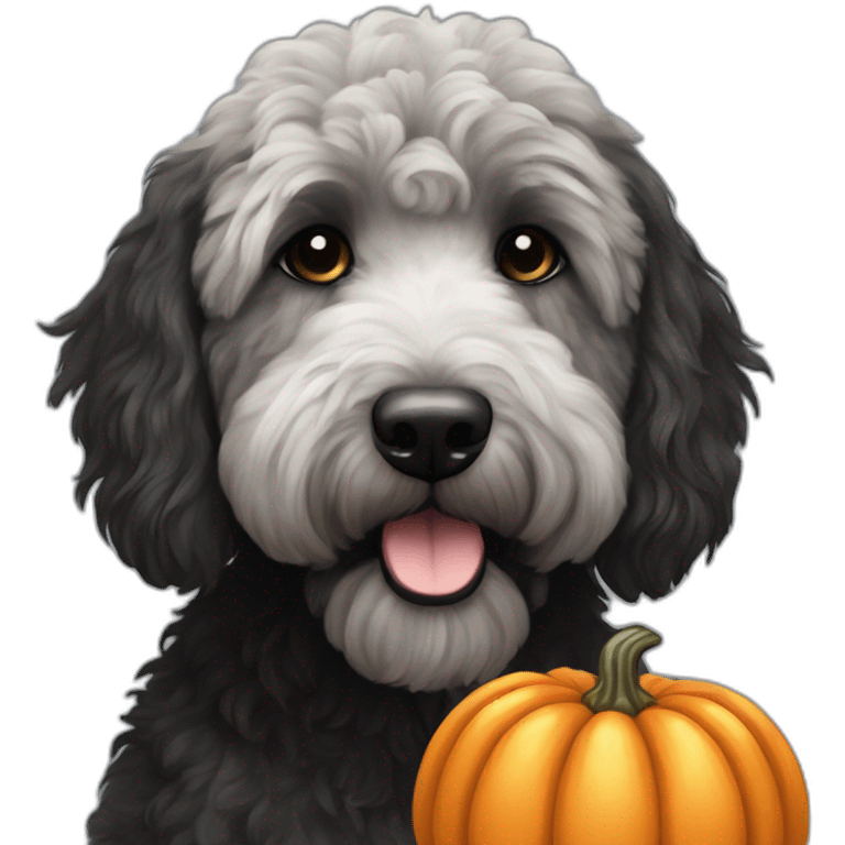 A black goldendoodle with grey spots, sitting next to a pumpkin emoji