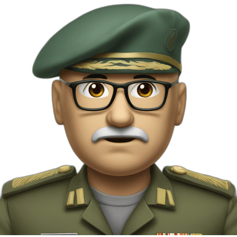 Realistic cyan beret bald very furious middle age general with glasses no hair furious very angry frown with khaki idf uniform emoji