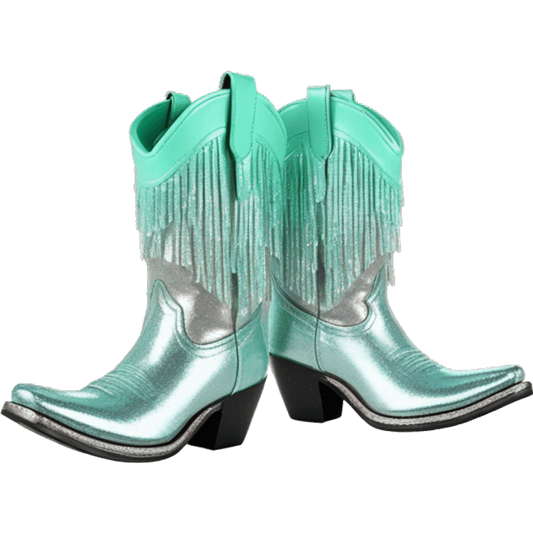 Realistic silver and mint green ombre pair of fashion cowgirl boots with sparkly shiny glitter fringe on them. emoji