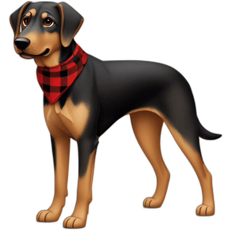 adult 75% Coonhound 25% German Shepherd mix dog with visible tail wearing small pointed red buffalo plaid bandana full body walking left quickly emoji