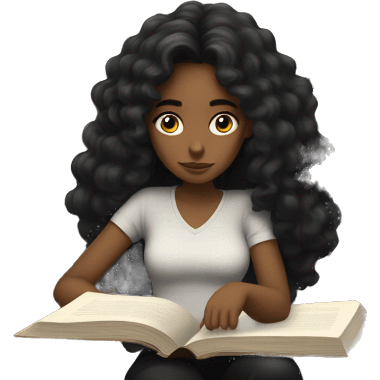 a girl in black clothes with long dark curly hair who is reading a book and thinking about sleep emoji