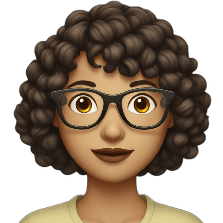 girl with short curly dark brown hair and bangs and thin glasses emoji