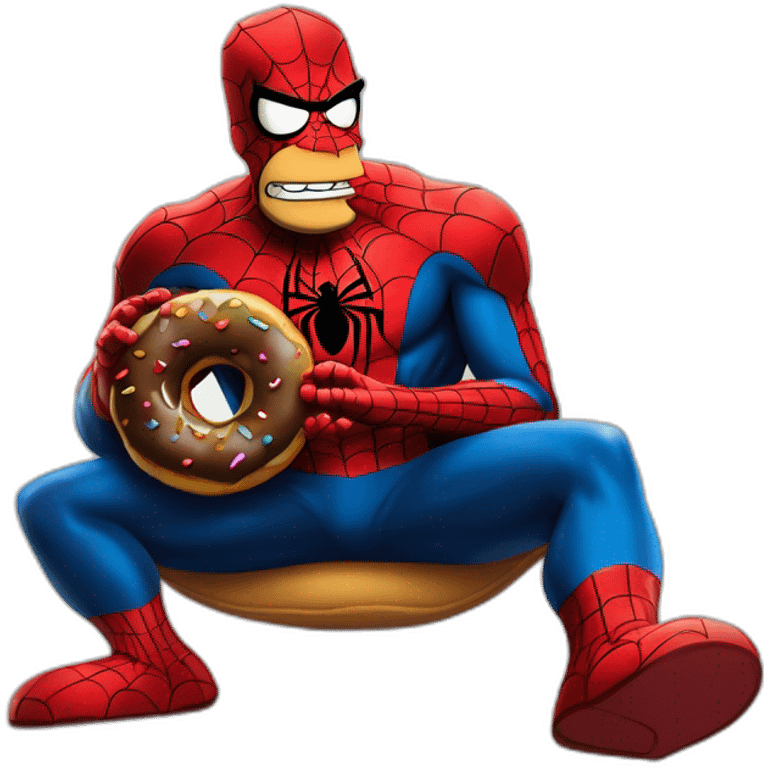 Homer Simpson déguisé en spider man avec un donuts deguisé lui aussi en spider man avec un chien lui aussi déguisé en spider man ainsi que toute sa maison est lui aussi déguisé en spider man emoji