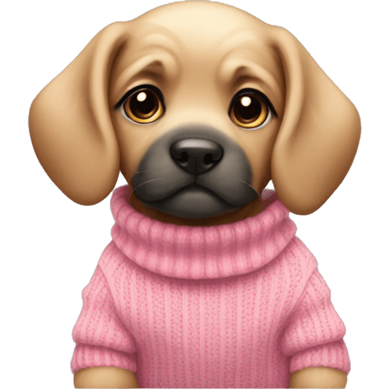 cute puppy with pink jumper and how emoji