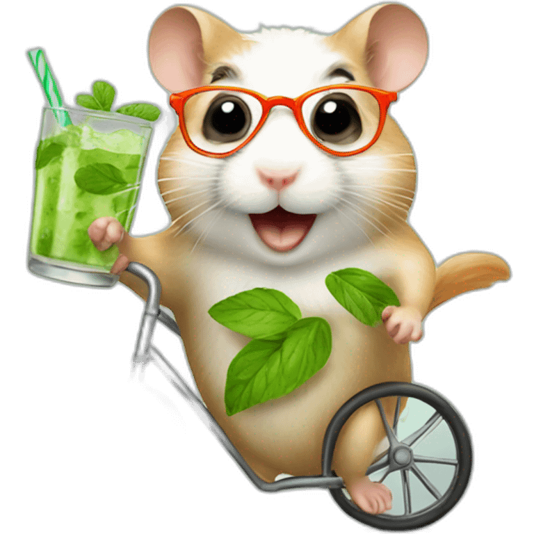 hamster with glasses running on a wheel drinking mojito emoji