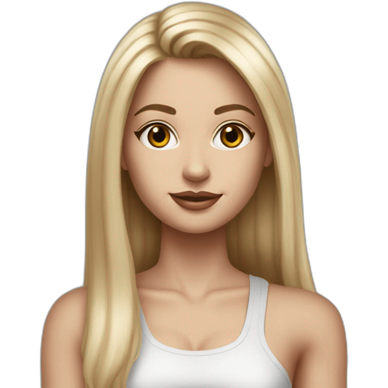 caucasian woman, with long straight hair, blonde hair, brown eyes, white tank top, gray tight mini skirt, black shoes, hyperrealist drawing emoji