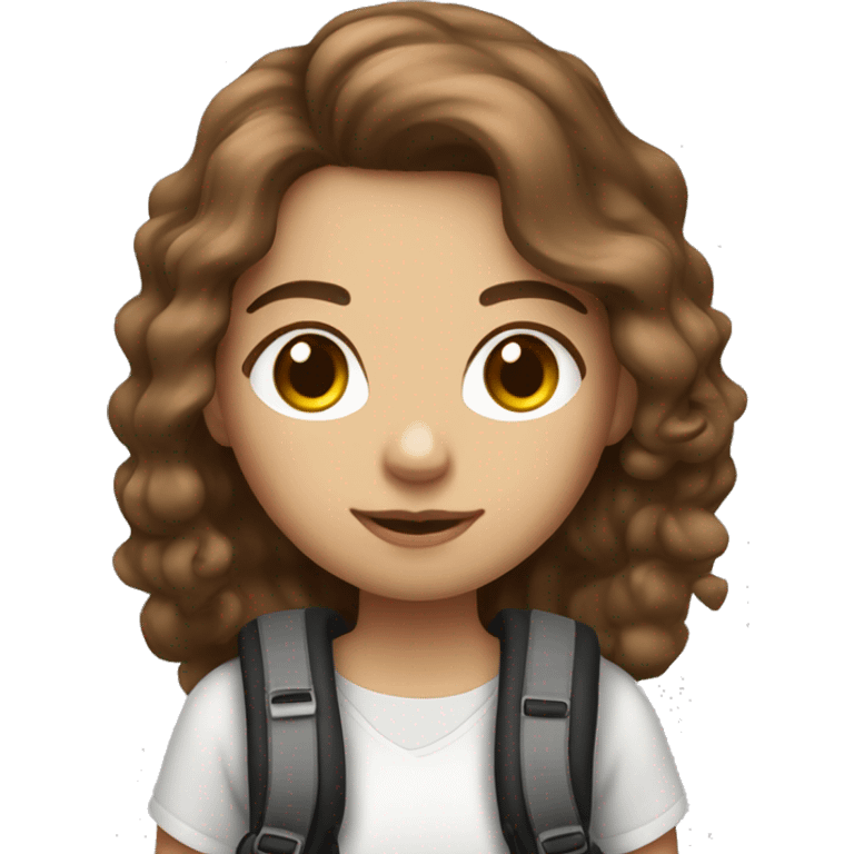 A photographer girl, Brown eyes, soft curl long brown hair, White skin, with a câmera and a backpack emoji