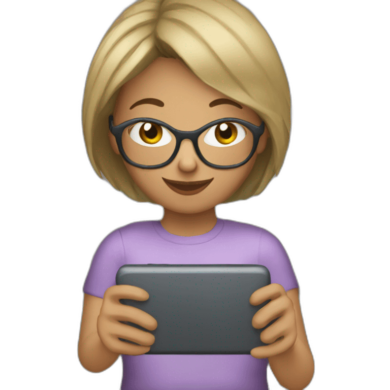 Woman with glasses and straight short hair playing a farm game on her smartphone emoji