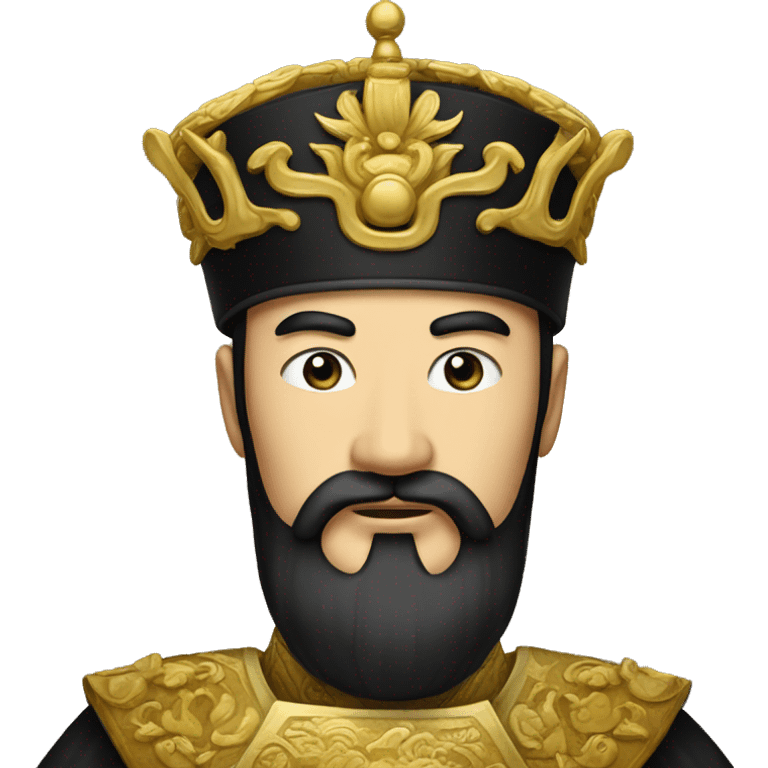 The Chinese emperor,with black hair and black beard,wore a high black golden hat  emoji