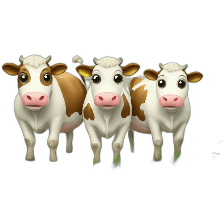 Three cute smiley cows on green field emoji