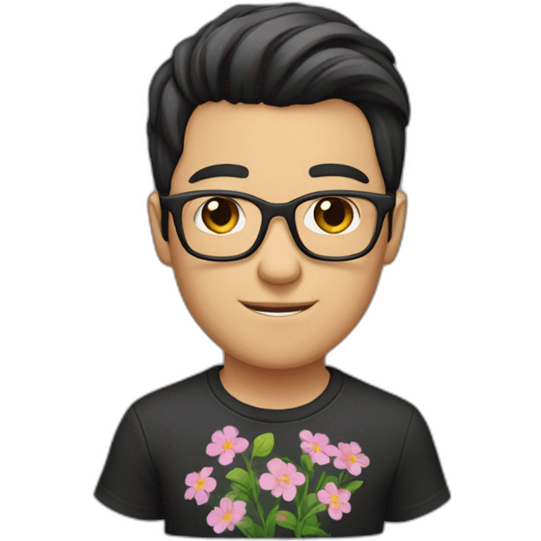 white guy with dark short hair wearing glasses and dark t-shirt with flowers print emoji