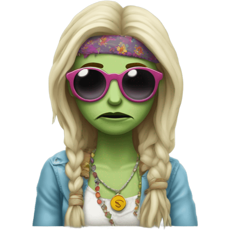 janis soplin zombie, wearing circle sunglasses in a hippie outfit emoji