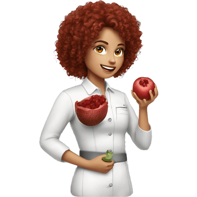 dietitian girl dark red curly hair eating a pomergranate emoji