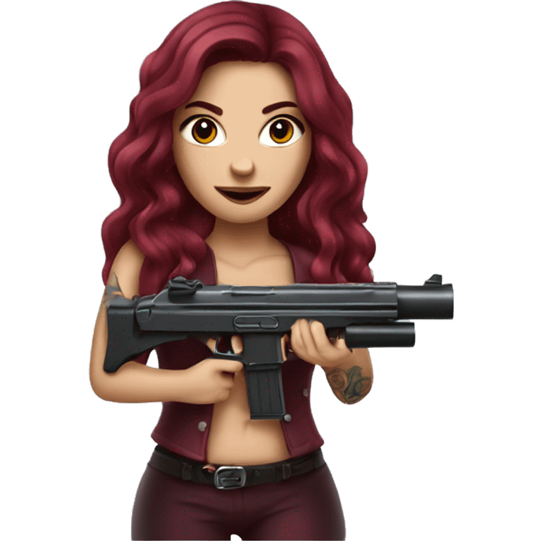 Beautiful tattooed burgundy long haired woman shooting a gun emoji