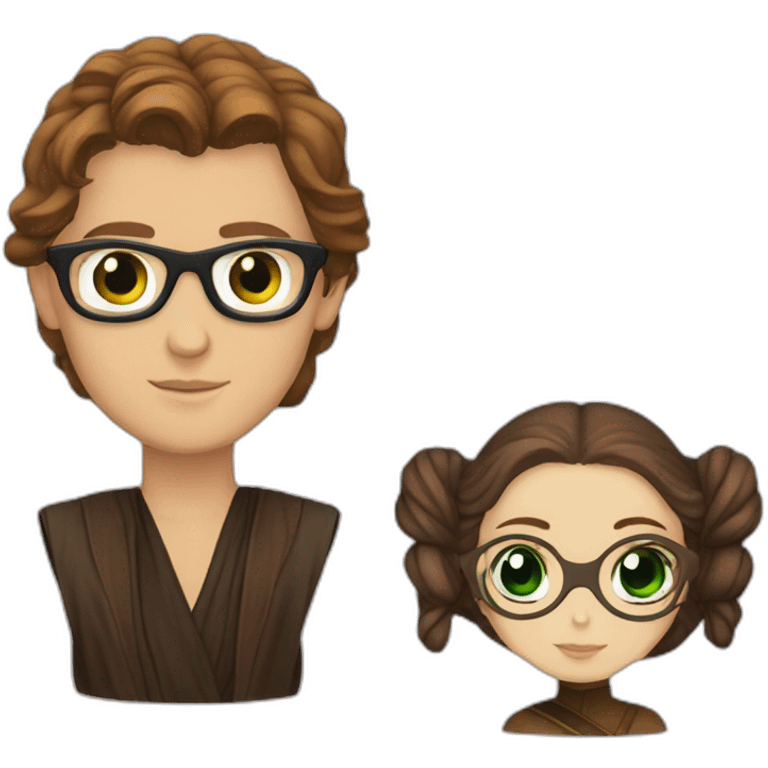 anakin with glasses and padme with green eyes, long brown hair emoji