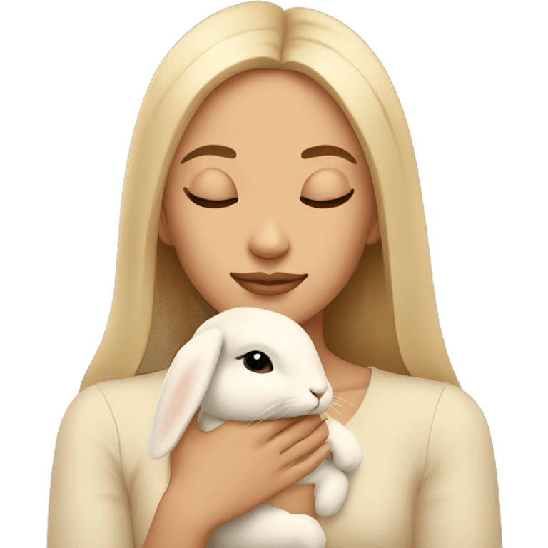 A beautiful  lady holding beige bunny eyes closed, calm    emoji