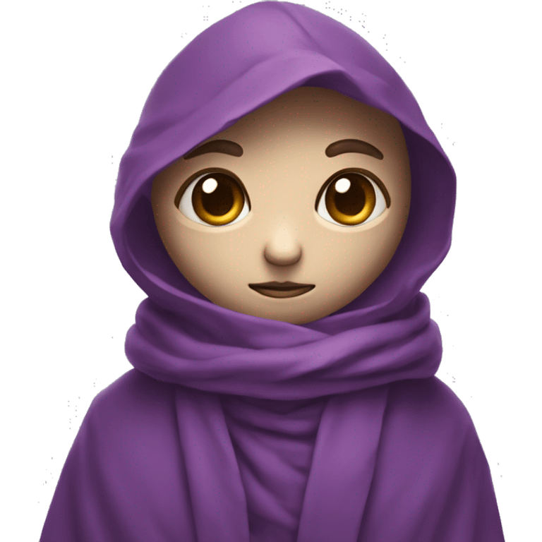 a small creature's head is wrapped in a purple scarf, only 1 eye is visible and it is white, there is a brown robe on the body emoji