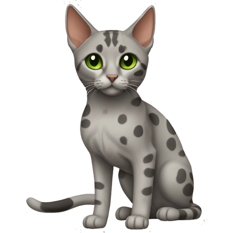 Short-haired oriental cat ,full body , grey coat with spots , green eyes , terracotta nuzzle emoji