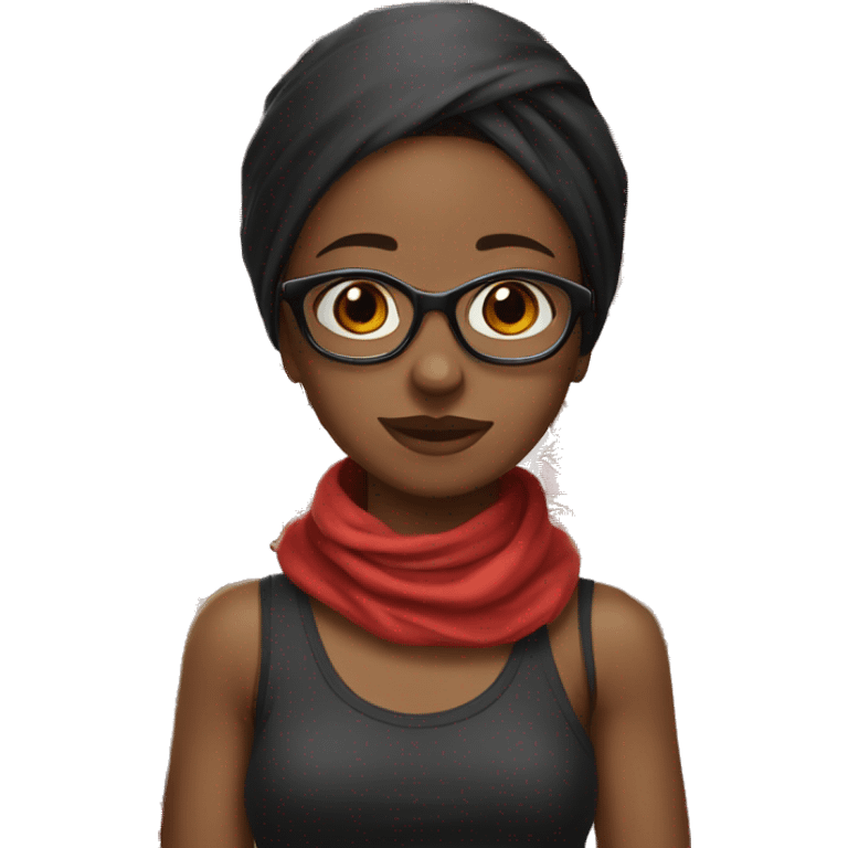 A black girl with red breads and black bandana wearing eyes glasses emoji