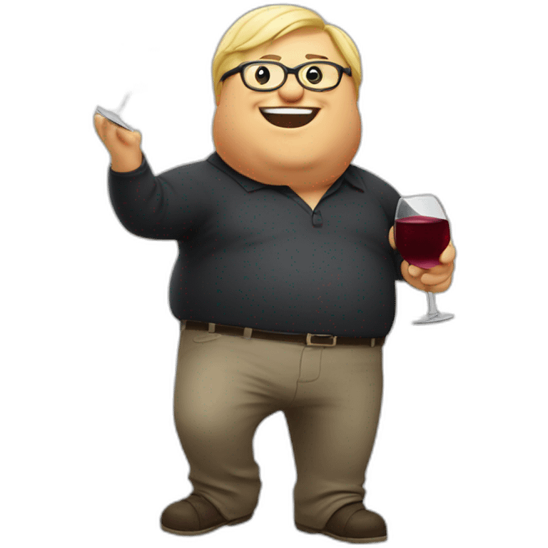 Fat blond man with glasses and a glass of red wine in his hand dancing like a drunk emoji