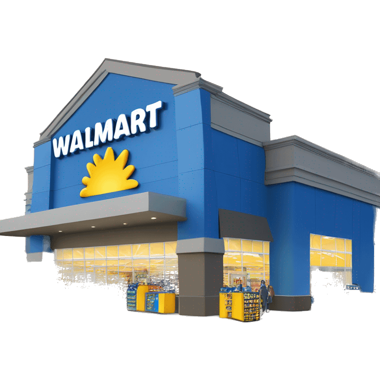 “Exterior of a Walmart store with the sunburst logo above the entrance, blue facade with yellow accents, large sliding glass doors, and shopping carts lined up outside, capturing the look of a busy retail supercenter.” emoji