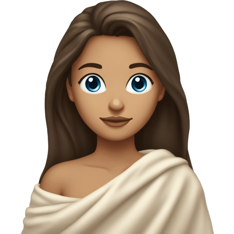 Beautiful brunette with long hair, slightly tan skin, and blue eyes, snuggled up in a warm white blanket, wearing golden earrings. emoji