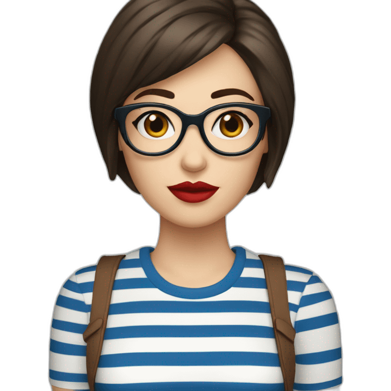 caucasian woman with retro glasses, dark brown hair, a bob haircut, bangs, red lipstick, blue and white striped t shirt emoji