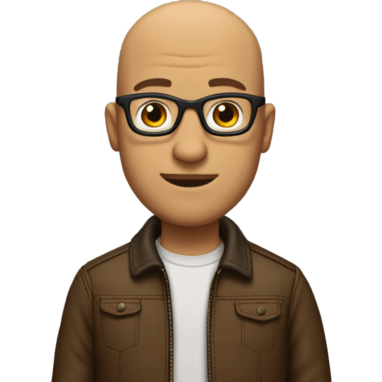 bald man with glasses and hair only on his sides of thehad with a brown leathr jacket emoji