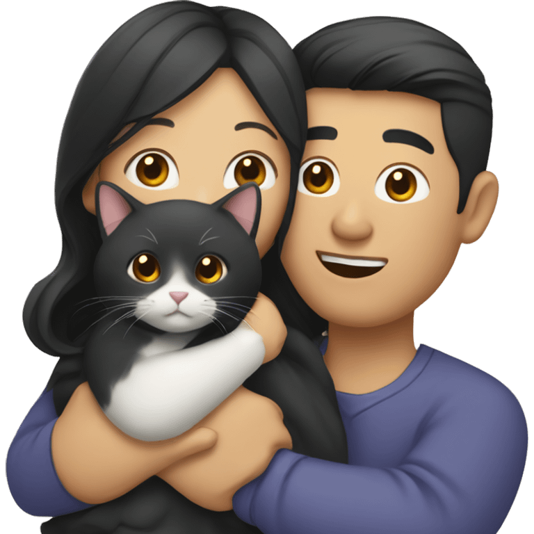 Asian Woman with black wavy hair hugging asian man holding a cat emoji