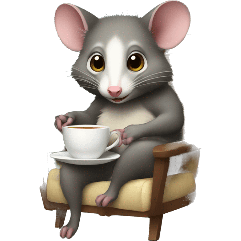 possum drinking tea looking at camera sitting in a chair emoji