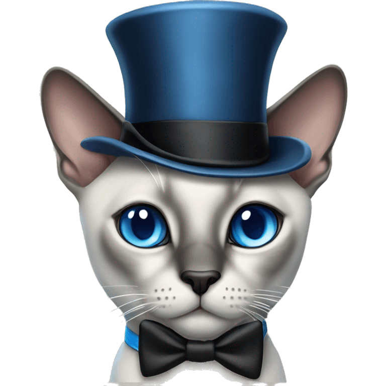 Blue point Siamese cat with blue eyes wearing a monocle and top hat emoji