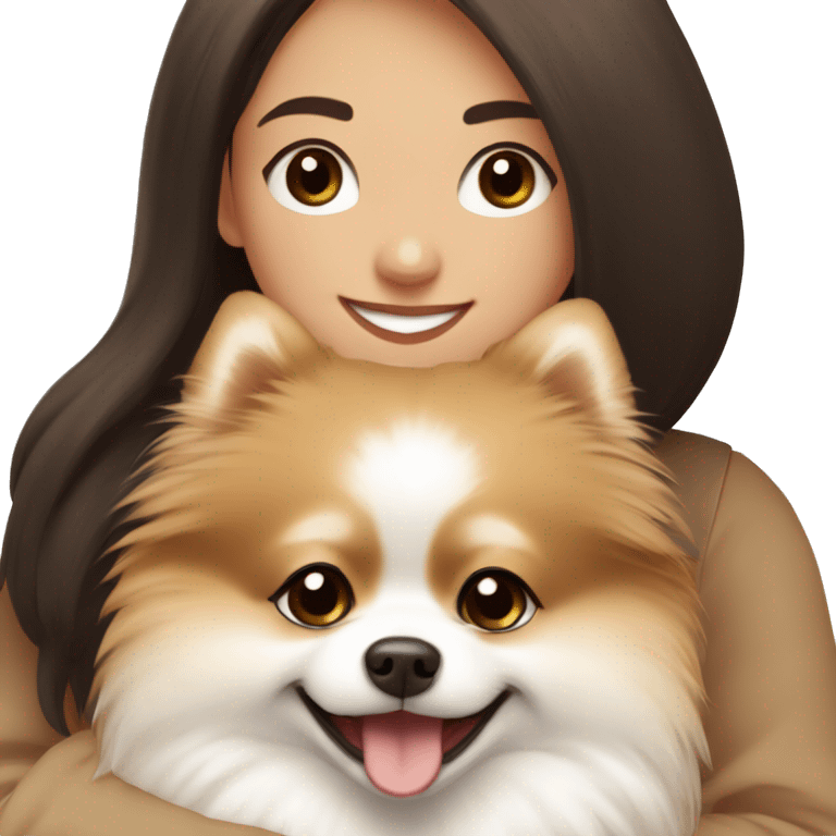 beige and white Pomeranian in the hands of a white young woman with dark brown hair smiling and cuddling the dog  emoji