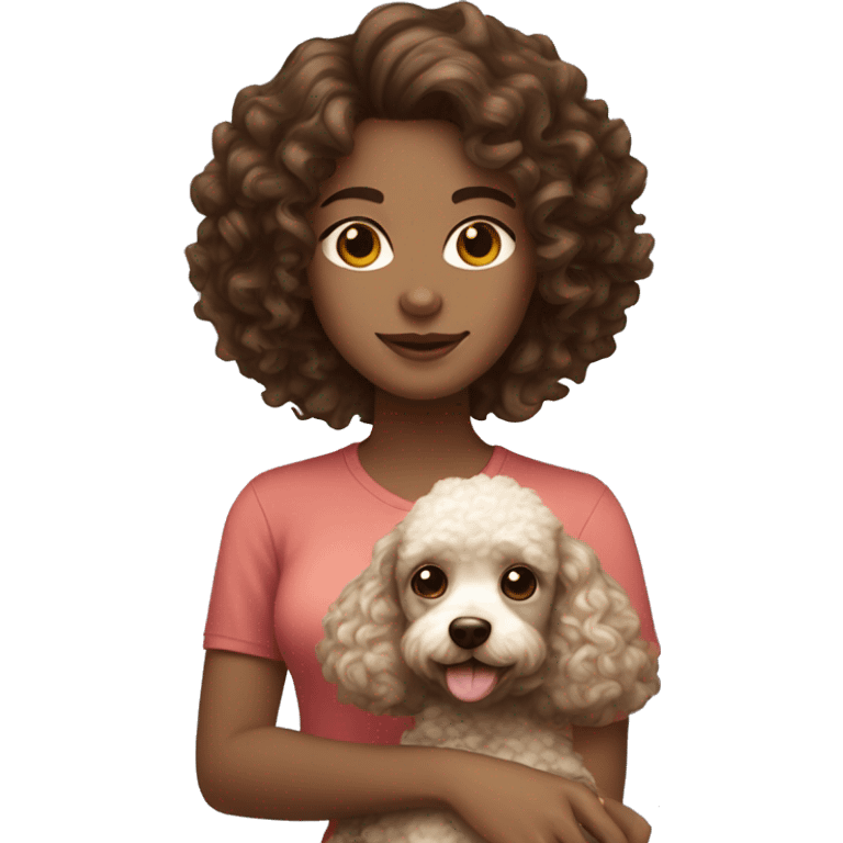 Girl with wavy curly brown hair pale to brown skin and brown eyes holding a small poodle emoji