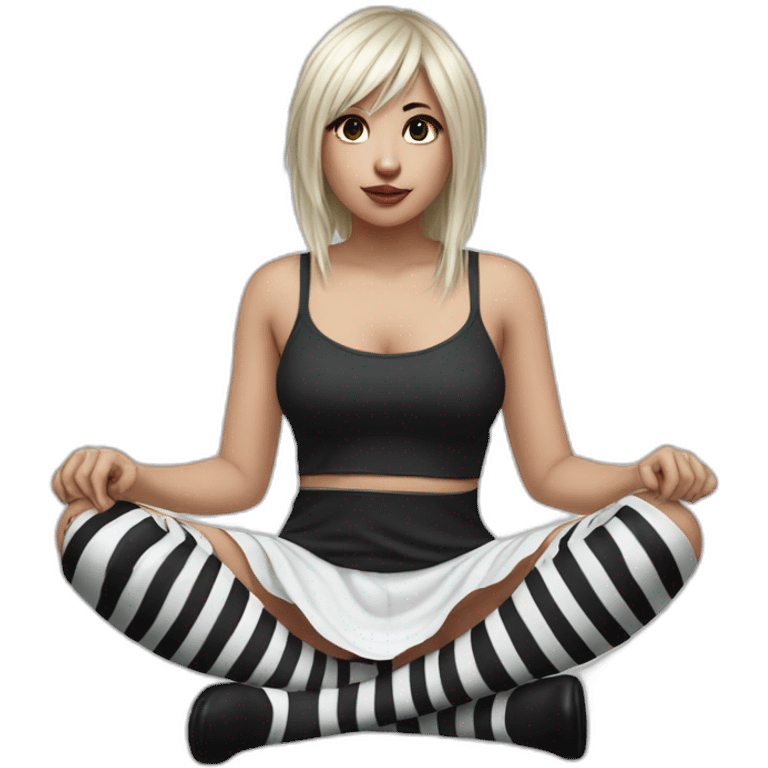 Hyperrealistic Frontal view curvy emo girl sits white skirt striped stockings hands up emoji