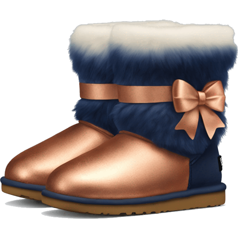 Realistic Pair of copper to Navy blue ombre Ugg fur boots with bows emoji