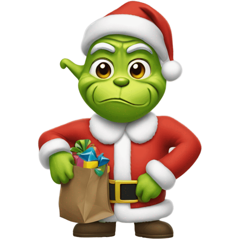 Grinch wearing Santa outfit with a bag of toys emoji